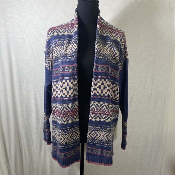 Chaps Sweater Cardigan Womens Size Small Blue Cream Pink Aztec Boho Open Front - Picture 1 of 14